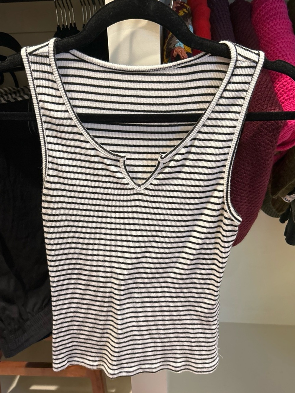 Striped Ribbed Tank Top with V-Notch - Black & White